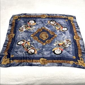 Bill Blass Scarf - Motorcycle Print Denim Jean Square Blue Gold Brown Vintage?